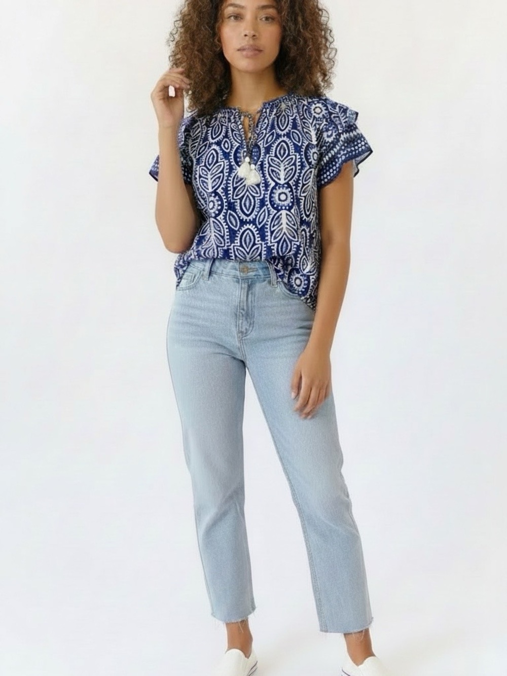Blue and White Tassel Tie Women's Top Rose and Olive